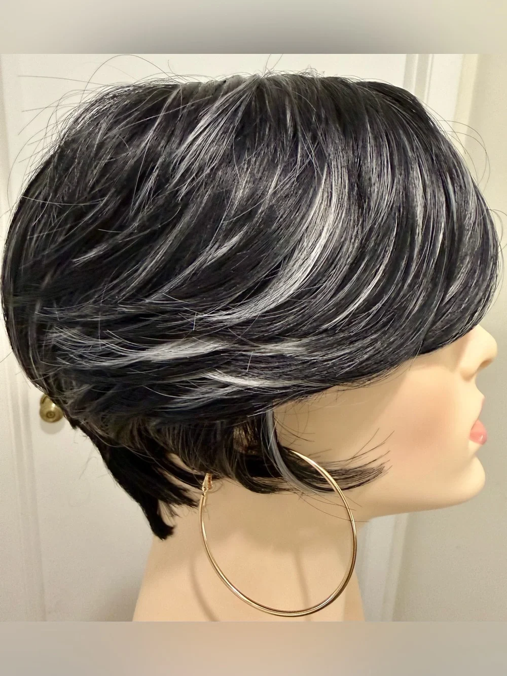 HAIR, Pixie with Nails, Long Bangs, Spiral Crown, Black with Silver highlights